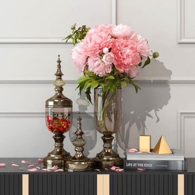 欧式玻璃金属花瓶书籍配饰饰品摆件牡丹花