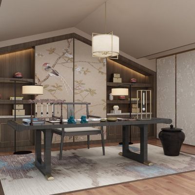 新中式阁楼书房书桌椅书柜笔架