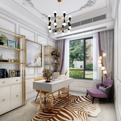 欧式书房毛皮地毯落地灯书柜