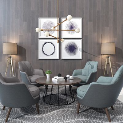 北欧单人沙发椅子挂画落地灯茶几组合