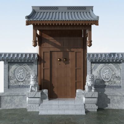 中式古建庭院大门门头石狮子墙