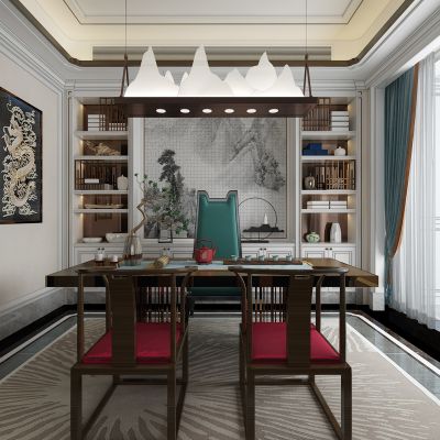 新中式书房茶室书茶桌椅山形吊灯书柜
