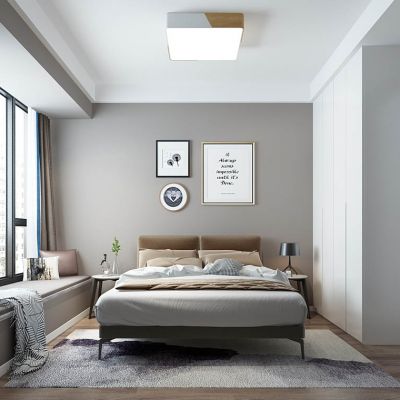 北欧双人床床头柜台灯挂画花艺飘窗台吸顶灯组合