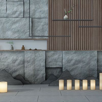 新中式背景墙石材墙面毛石蜡烛