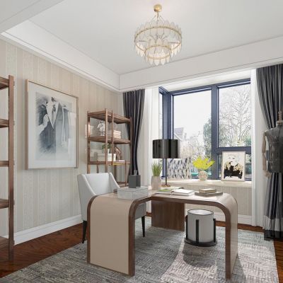 简欧轻奢书房书桌椅模特窗帘