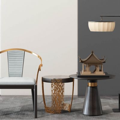 新中式休闲单椅子茶几边几落地灯古建亭子摆件