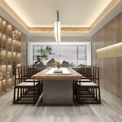 新中式茶室枯山水石头松树景观造景