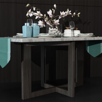 新中式大理石圆形餐桌餐具装饰品花饰3D模型