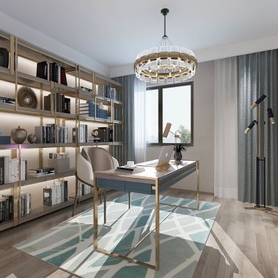 简欧书房书桌椅书柜金属书架写字台吊灯