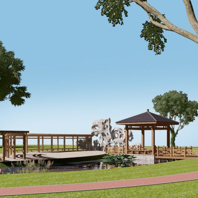 新中式园林花园植物景观廊架凉亭树荷花芦苇太湖石户外栏杆