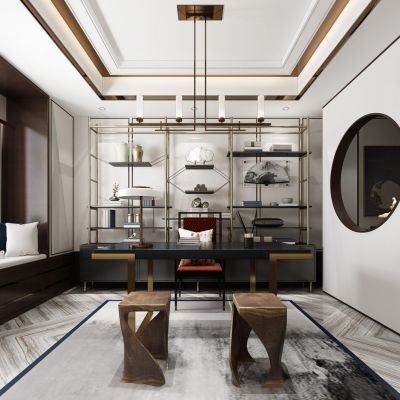 新中式书房书桌椅异形凳子书柜书架