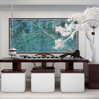 新中式茶室茶桌椅树雕干枝松树景观茶具