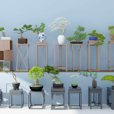 古典实木花架边几盆栽组合