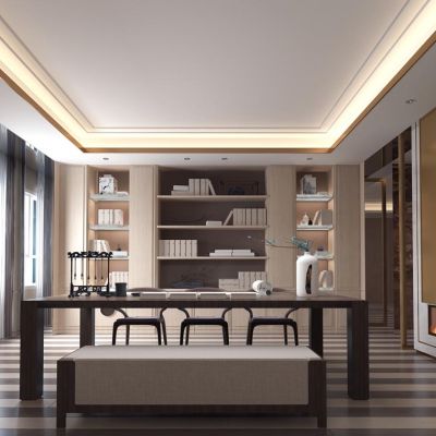 新中式书房书桌椅壁炉活路茶桌椅