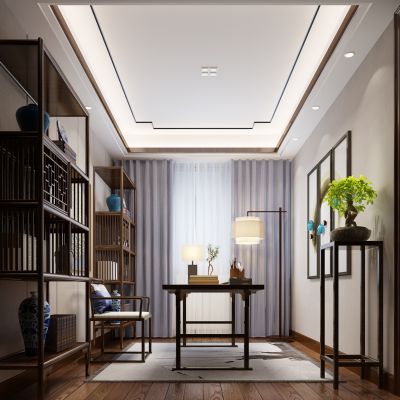 新中式书房书柜书桌椅花架