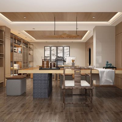 新中式书房茶室茶桌椅茶具陶罐