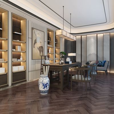 新中式书房书桌椅书柜