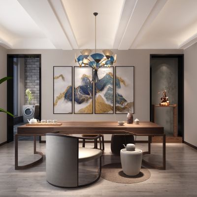 新中式书房茶室茶桌椅摆件吊灯