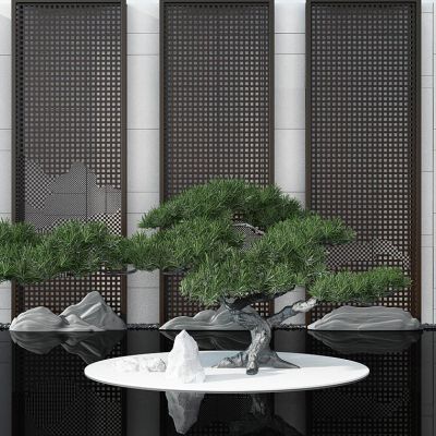 新中式园林迎客松背景墙松树石头景观