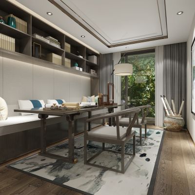 新中式书房书桌椅画轴