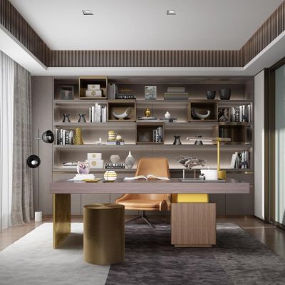 现代轻奢书房书桌椅书柜书籍