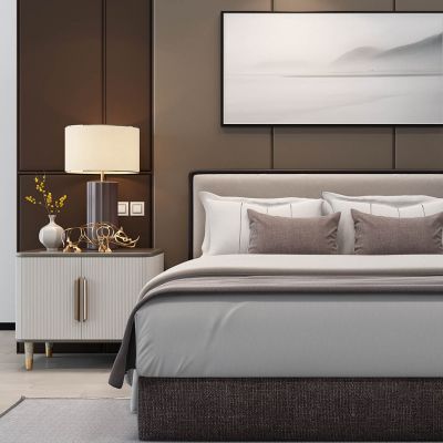 简欧高级粉双人床床头柜台灯