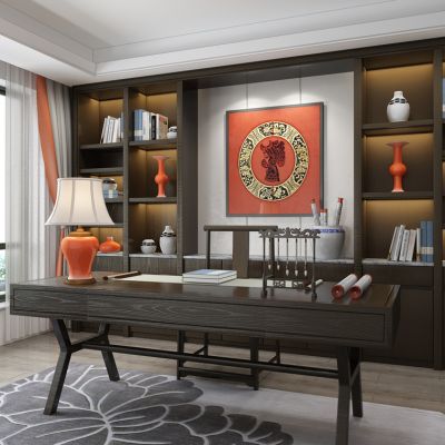 新中式书房书桌椅书柜台灯椅子