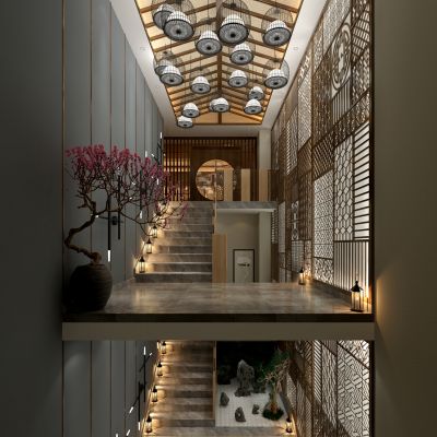 新中式餐饮包间会所楼梯间花格屏风鸟笼吊灯