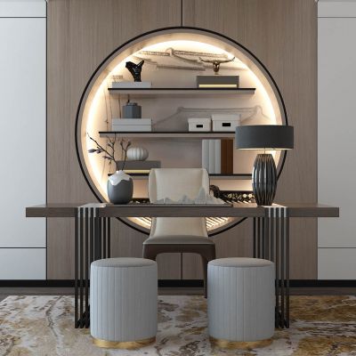 新中式书房书桌椅书柜台灯