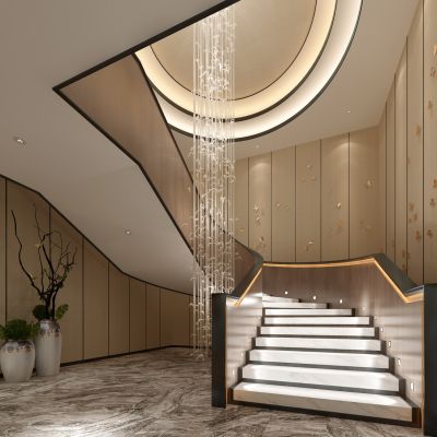 新中式楼梯间陶罐大花瓶水晶吊灯