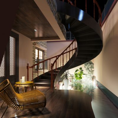 新中式楼梯间水景