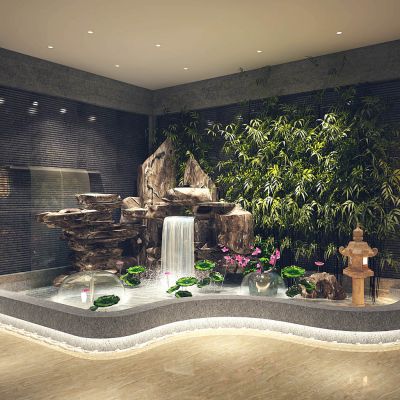 新中式假山水景喷泉瀑布水流荷花