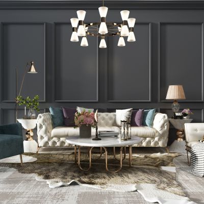 新古典皮革沙发茶几高靠背沙发卧榻美人榻边几台灯国际象棋牛皮动物皮毛地毯