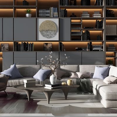现代转角沙发茶几单人休闲椅子书柜组合