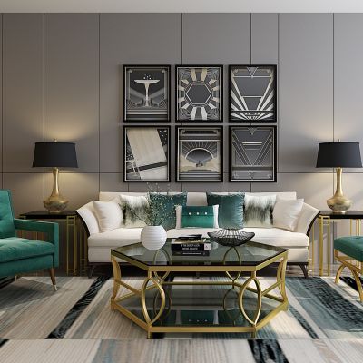 新古典沙发茶几台灯装饰画边几靠包坐垫休闲椅子