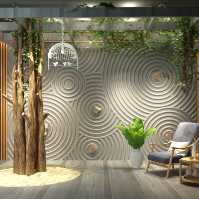 日式石头禅意墙木头藤藤蔓植物类休闲椅沙坑组合干树枝