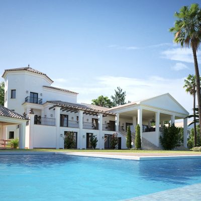 法式海南别墅景观植物配景户外泳池椰子树廊架凉亭