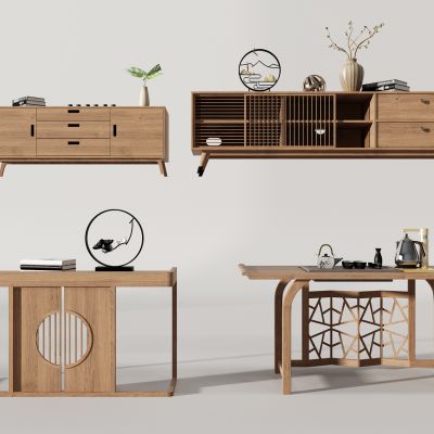 新中式实木电视柜边柜摆台茶桌摆件写字台