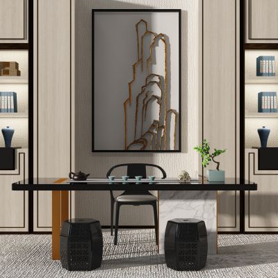 新中式书房书桌椅茶桌椅书柜立体画