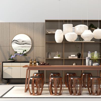 新中式禅意餐桌椅茶桌椅餐边柜玄关柜吊灯秀墩书柜摆件陶罐