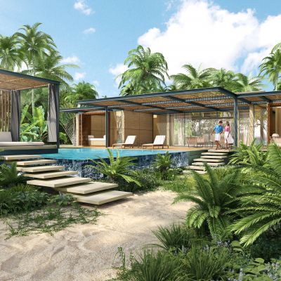 海南别墅酒店钢架阳光房热带植物大叶植物椰子树植物配景国外