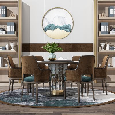 简欧圆形餐桌椅书柜组合