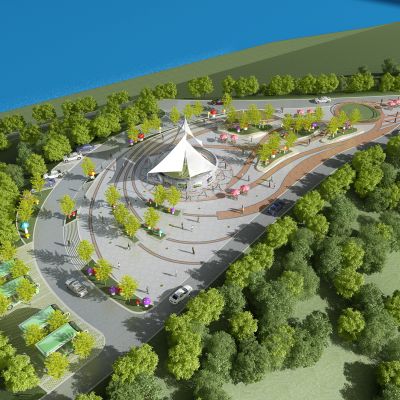 公园园林鸟瞰植物景观树车鸟瞰配景张拉膜