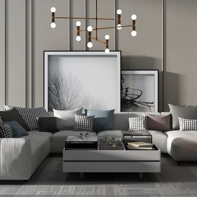 现代转角沙发沙发茶几落地灯