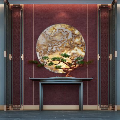 新中式玄关摆台迎客松松树大门花格屏风木门门厅