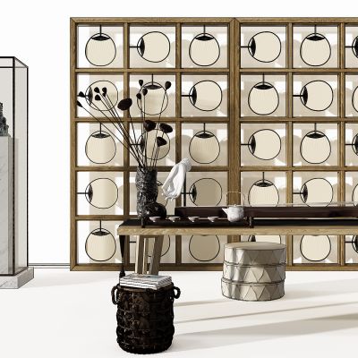 新中式茶桌椅扇子屏风摆台编织坐墩花瓶