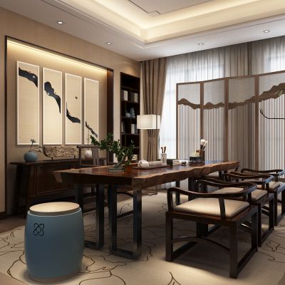 新中式书房茶室屏风茶桌椅