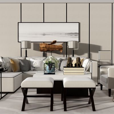 现代沙发茶几根雕摆件边几台灯