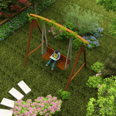 现代公园植物绿植景观树灌木景观秋千灌木树草地