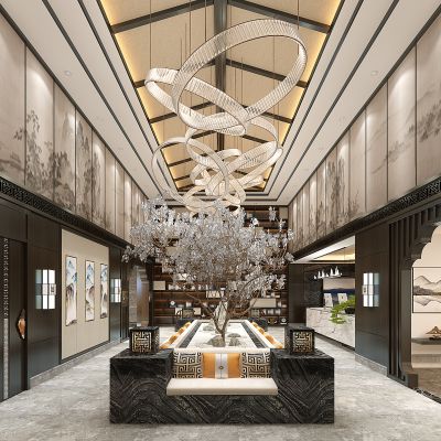 新中式会所售楼处大厅大堂吊灯树